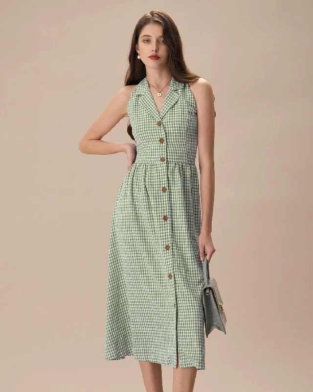 The Green Lapel Plaid Sleeveless Shirt Midi Dress | Green