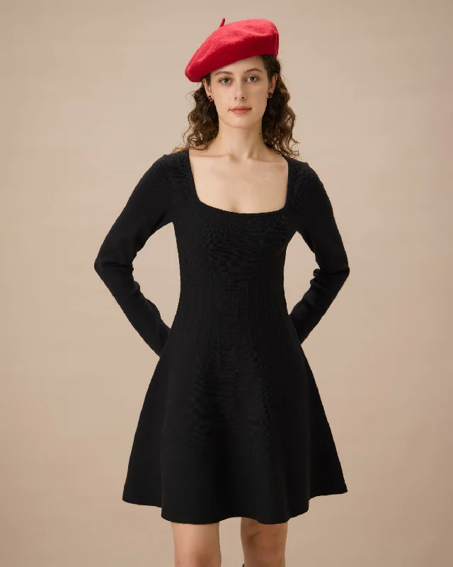 Black Square Neck Ribbed Sweater Dress | Black