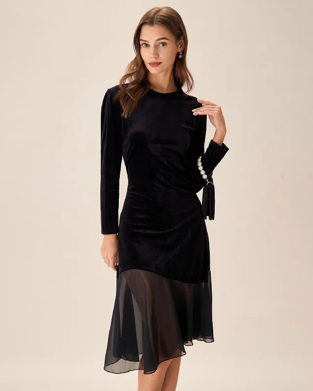 Black Contrasting Velvet Midi Dress | Black