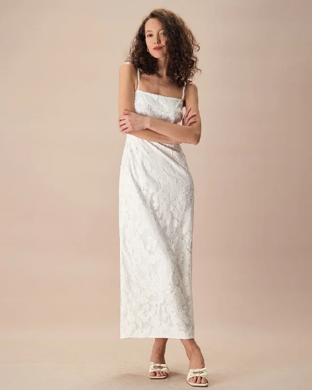 The White Square Neck Jacquard Slip Maxi Dress | White