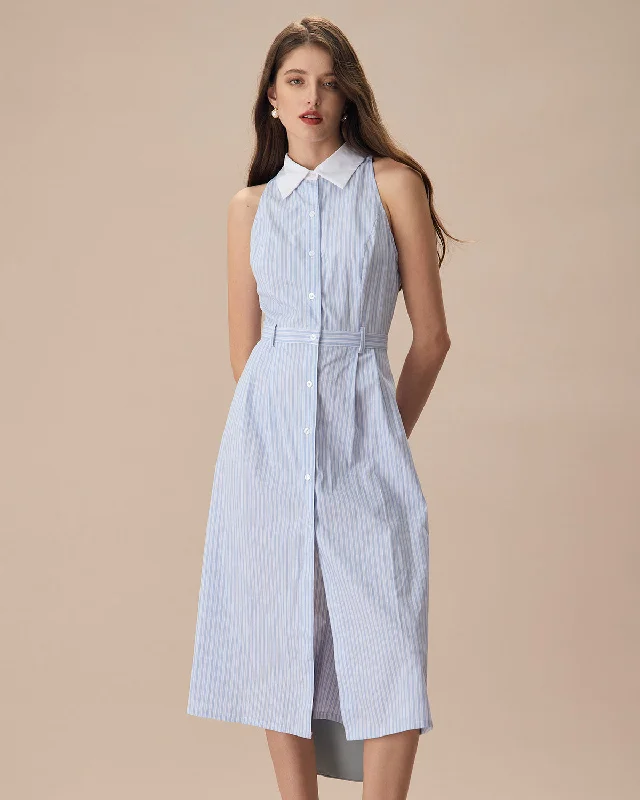 The Blue Lapel Button-Up Striped Midi Dress | Blue