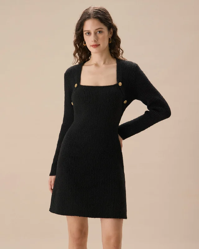 Black Square Neck Button Sweater Dress | Black