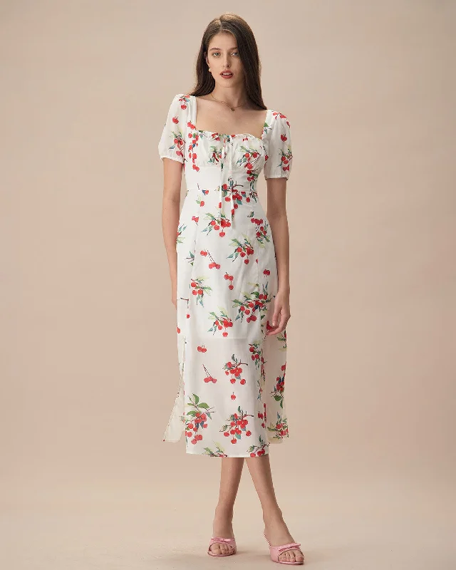 The White Puff Sleeve Cherry Split Midi Dress | White