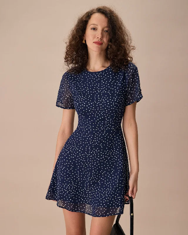 The Navy Crew Neck Polka Dot Cutout Mini Dress | Navy