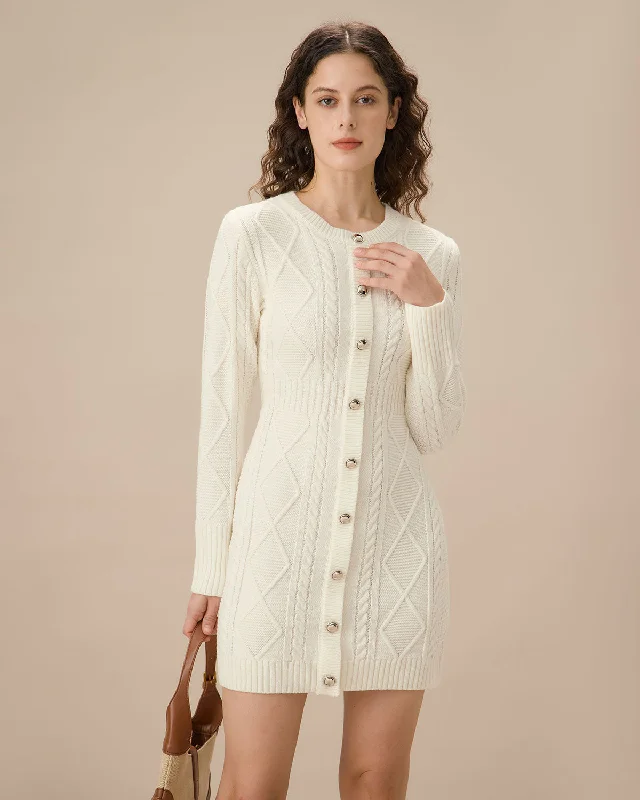 White Round Neck Bodycon Sweater Dress | White