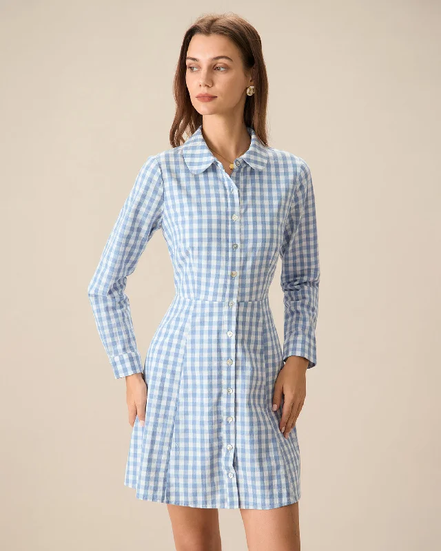 Women's Blue Plaid Long Sleeve Mini Dress | Blue