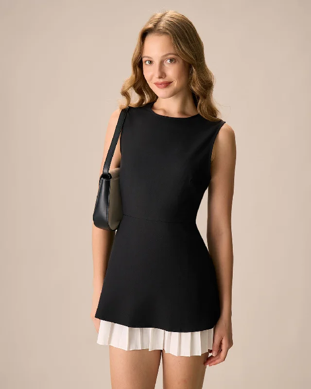 Women's Black Splicing Pleated Mini Dress | Black