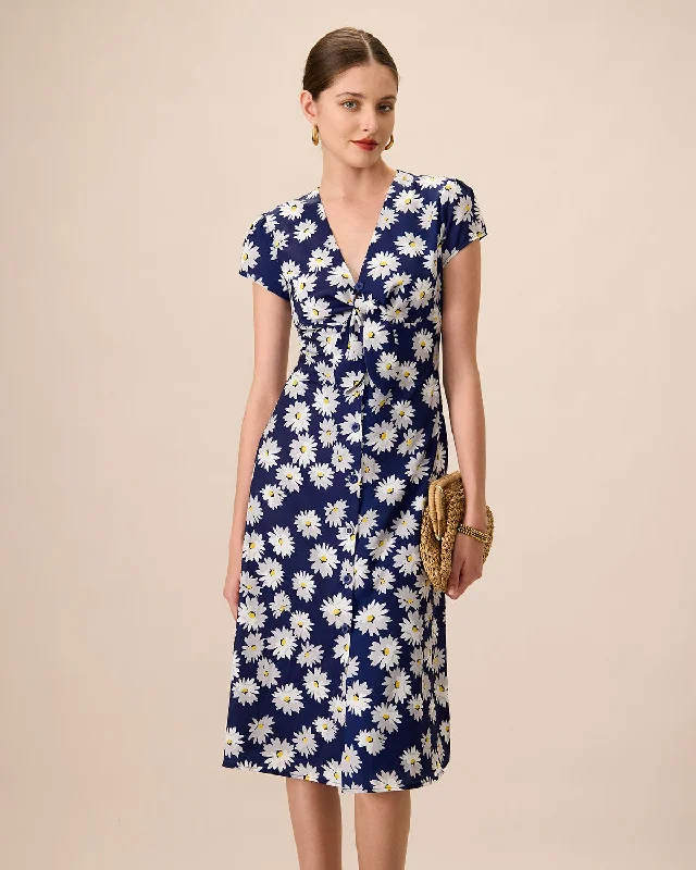 Women's Navy Button-Up Floral Midi Dresses | Navy