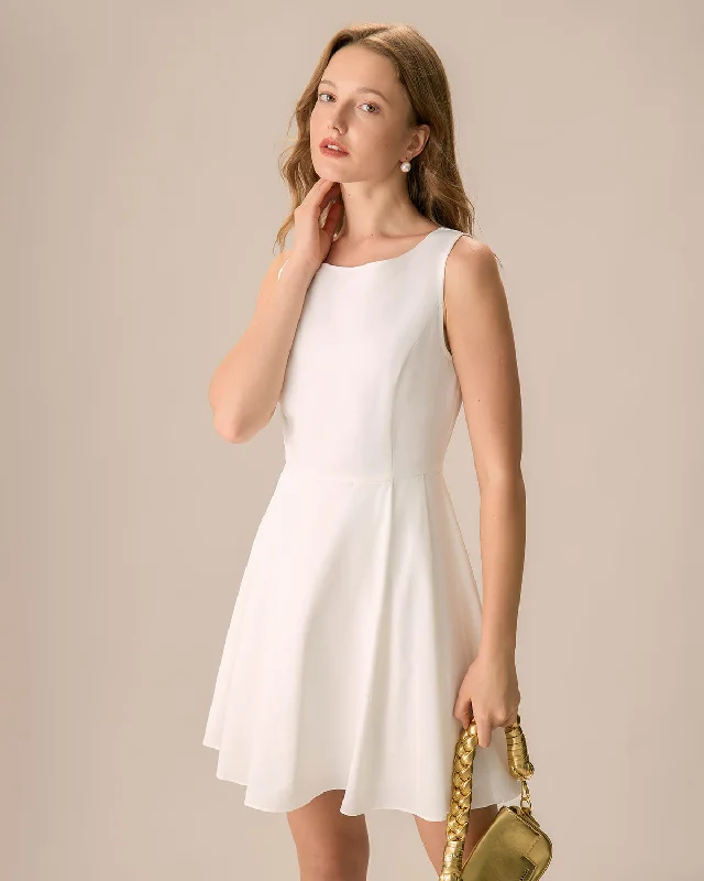 The White Round Neck Pleated Mini Dress | White