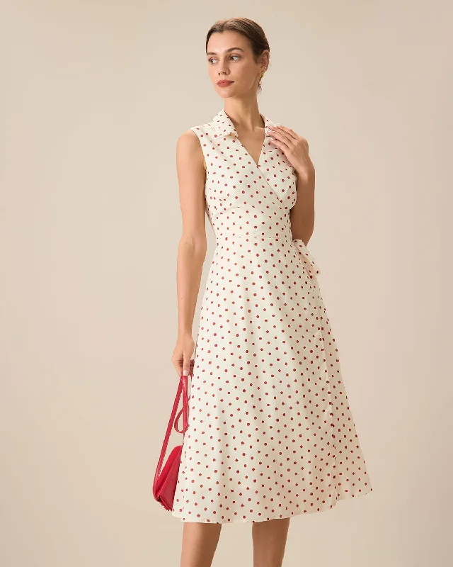 Women's Beige Poka Dot Wrap Midi Dress | Beige