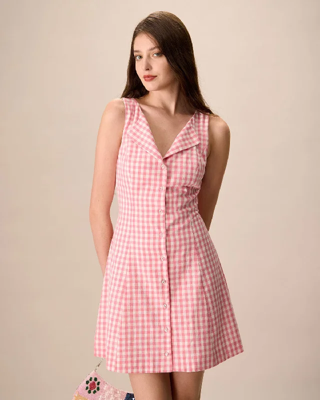 Women's Pink V-Neck Plaid Cotton Mini Dress | Pink