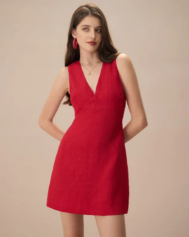 The Red V Neck Sleeveless Linen Mini Dress | Red