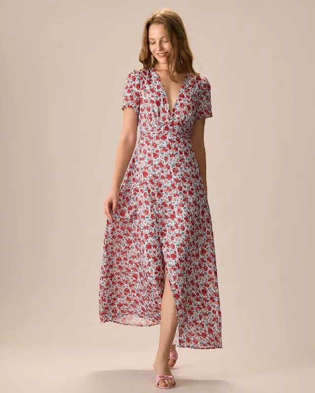 Women's Red V-Neck Ruched Floral Maxi Dress | Red