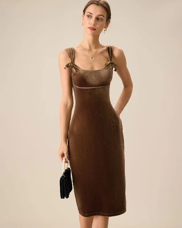 Brown Velvet Bodycon Midi Dress | Brown