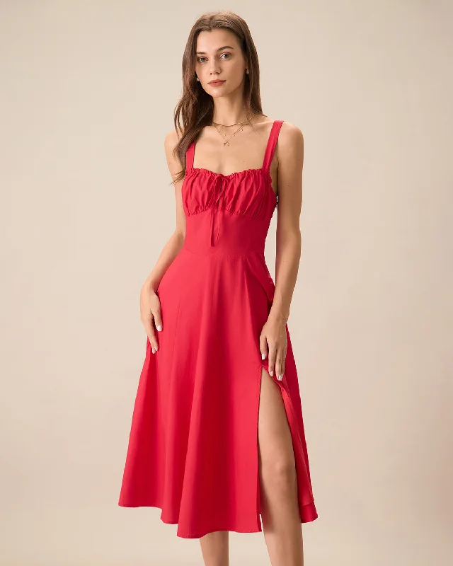 Women's Red Square Neck Ruched Slip Midi Dress | Red