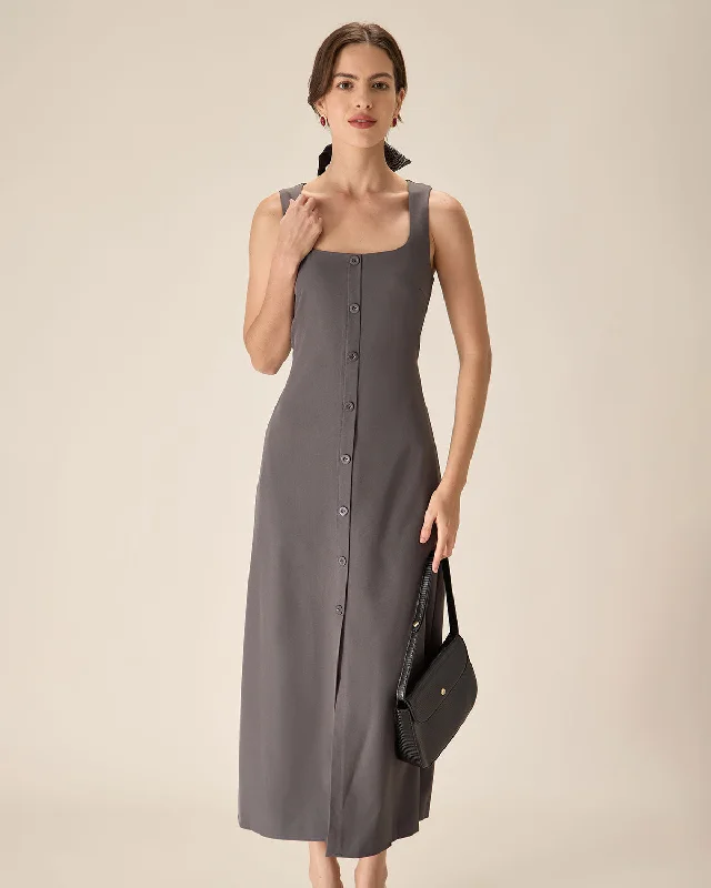 Grey U Neck Tie Back Sleeveless Maxi Dress | Grey