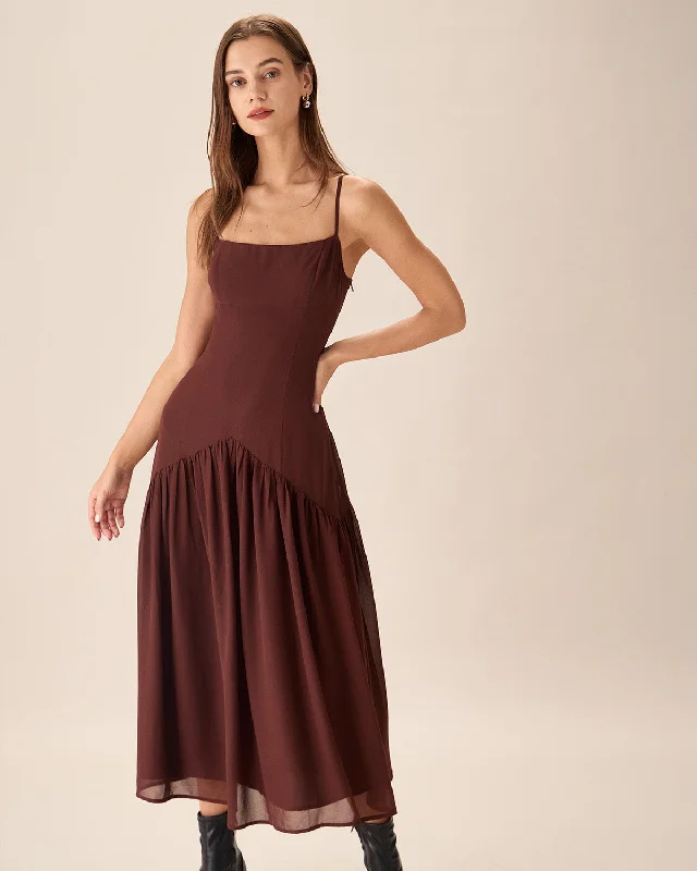 Brown Chiffon Ruched Slip Midi Dress | Coffee