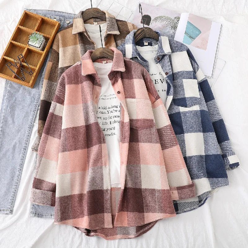 2022 Fall Winter Thick Woolen Long Sleeved Shirt Women Loose Casual Loose Single Breasted Top Plaid Brushed Jacket Shirt T18612Y