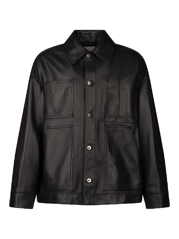 BOTTEGA VENETA Luxury Pocketed Black Leather Jacket