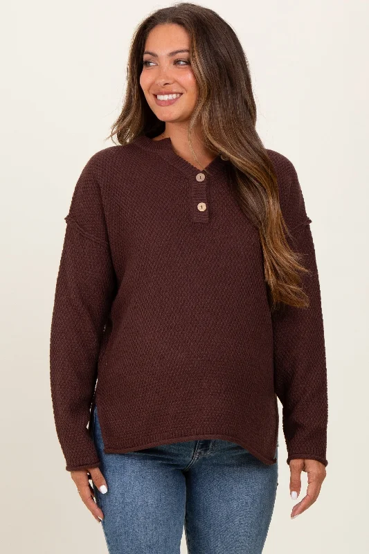 Brown Diamond Knit Button Detail Maternity Sweater