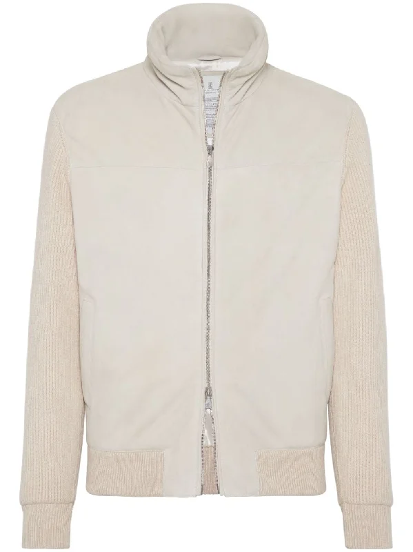 BRUNELLO CUCINELLI Elegant Beige Leather Bomber Jacket