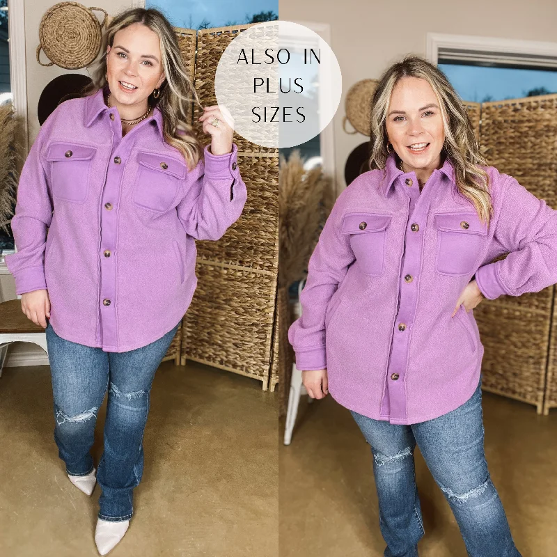 Hollywood Hike Button Up Fleece Jacket with Pockets in Lilac Purple