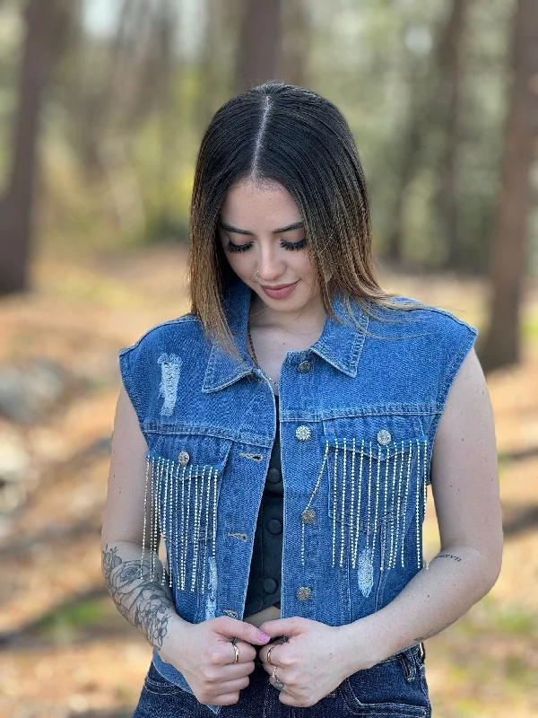 LUCKY & BLESSED JEAN JACKET SPARKLE FRINGE