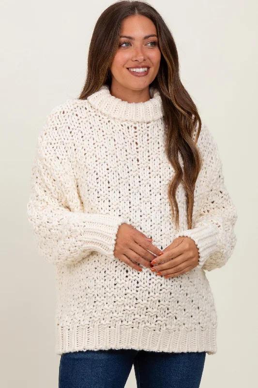 Cream Turtle Neck Chunky Crochet Knit Maternity Sweater