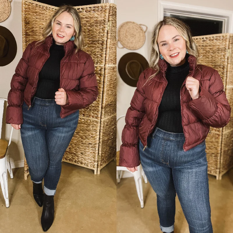 Wrapped In Cozy Cropped Puffer Jacket in Maroon