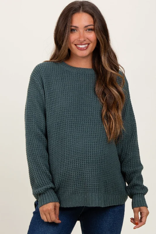 Dark Jade Waffle Knit Rounded Hem Maternity Sweater