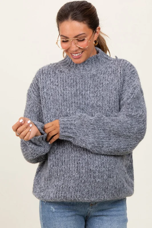 Heather Grey Chunky Knit Mock Neck Maternity Sweater