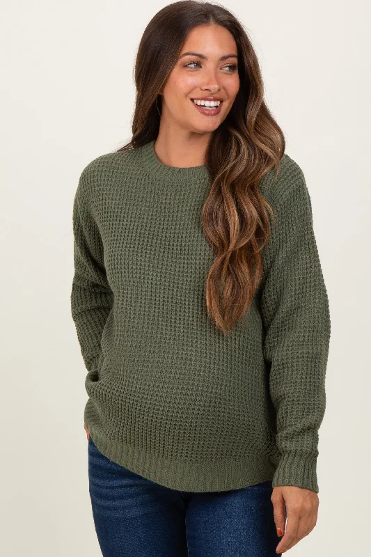 Light Olive Waffle Knit Rounded Hem Maternity Sweater