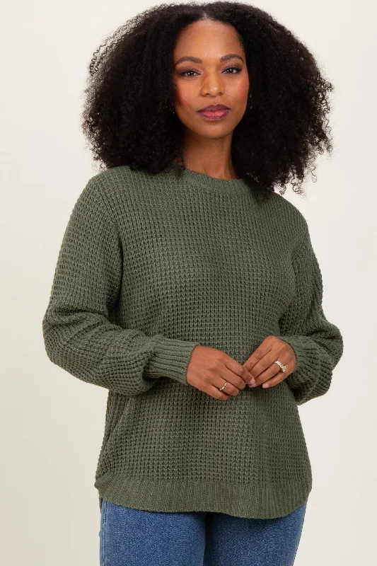 Light Olive Waffle Knit Rounded Hem Sweater