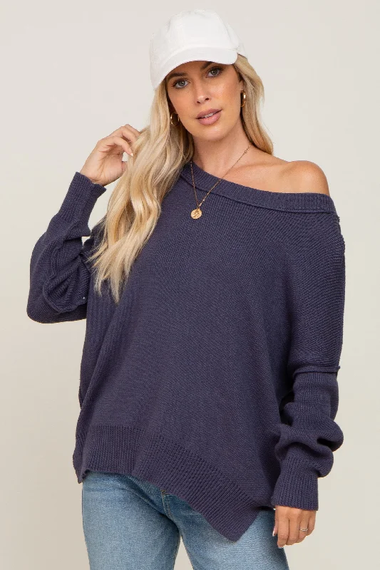 Navy Exposed Seam Side Slit Sweater