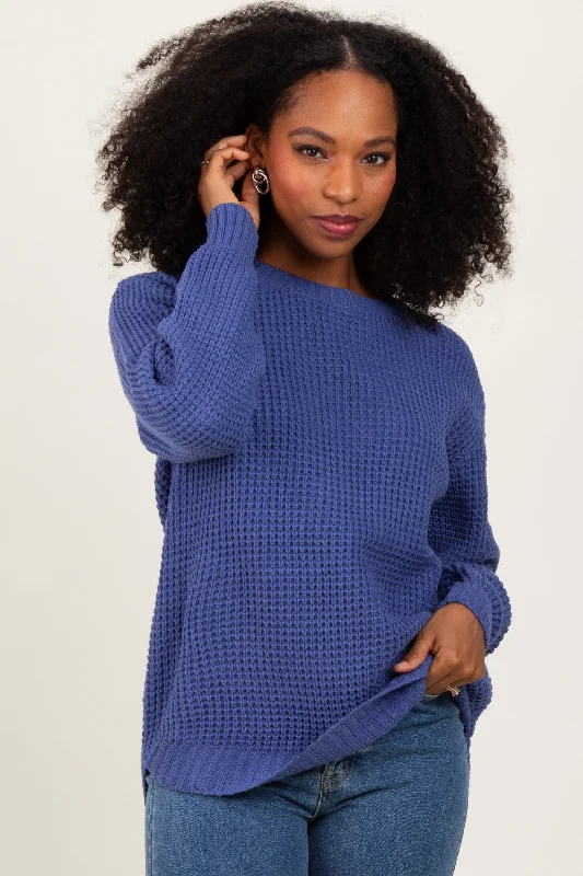 Periwinkle Waffle Knit Rounded Hem Sweater