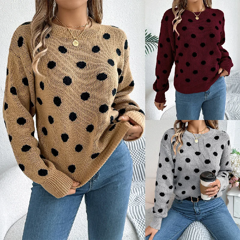 Women's Knitted Contrast Colour Polka Dot Jumper Long Sleeve Round Neck Sweater