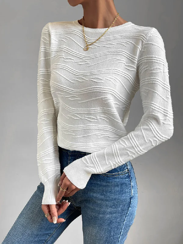 Women's White Thin Sweater Top Jacquard Knitwear Long Sleeve Round Neck Casual Fashion