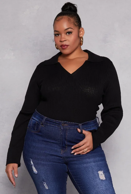 Plus Size Johnny Collar Long Sleeve Sweater