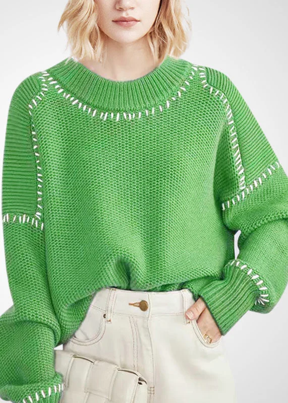 Bohemian Green O-Neck Oversized Thick Wool Short Sweater Winter