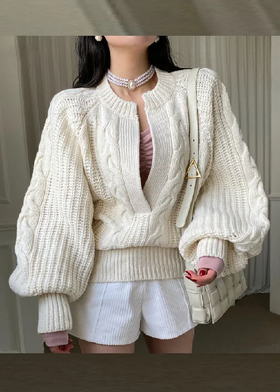 Brief White O-Neck Cozy Cable Knit Sweaters Long Sleeve