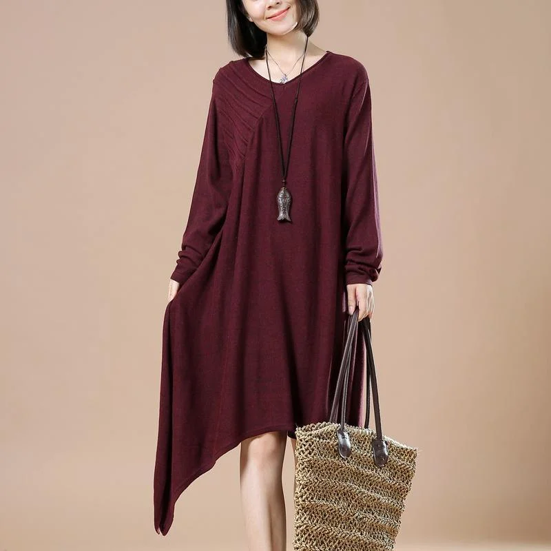 Burgundy asymmetrical plus size sweaters winter maxi dress