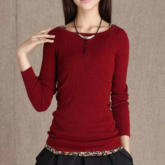 Burgundy Floral trim knitted sweater top