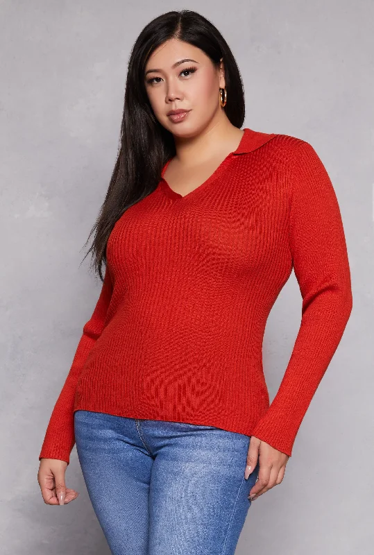 Plus Size Johnny Collar Long Sleeve Sweater