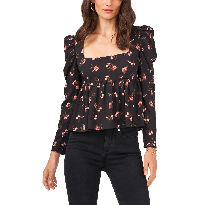 1.STATE Women's Long Sleeve Square Neck Blouse Black