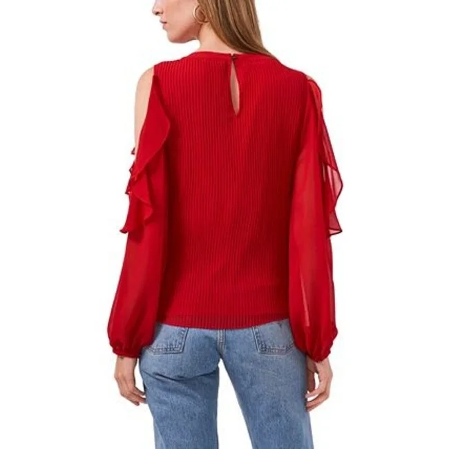 1.State Women's Ruffle Pleat Cold Shoulder Long Sleeve Blouse Red Size Small