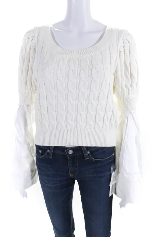 Adeam Womens White Cotton Long Sleeve Joan Cable Knit Blouse Top