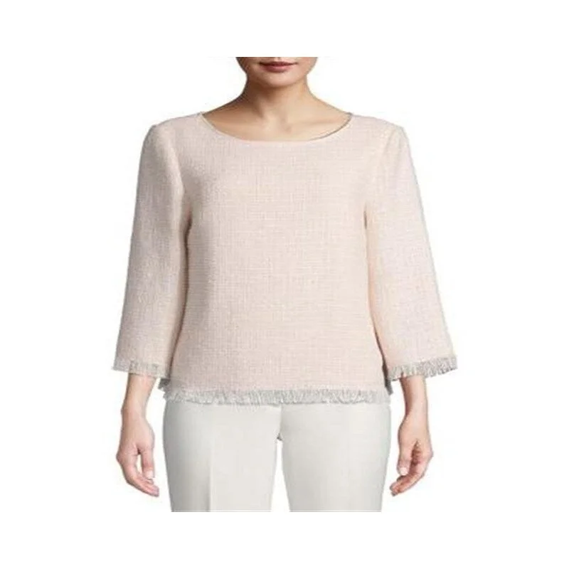 Anne Klein Women's Frayed Patterned Long Sleeve Jewel Neck Pink