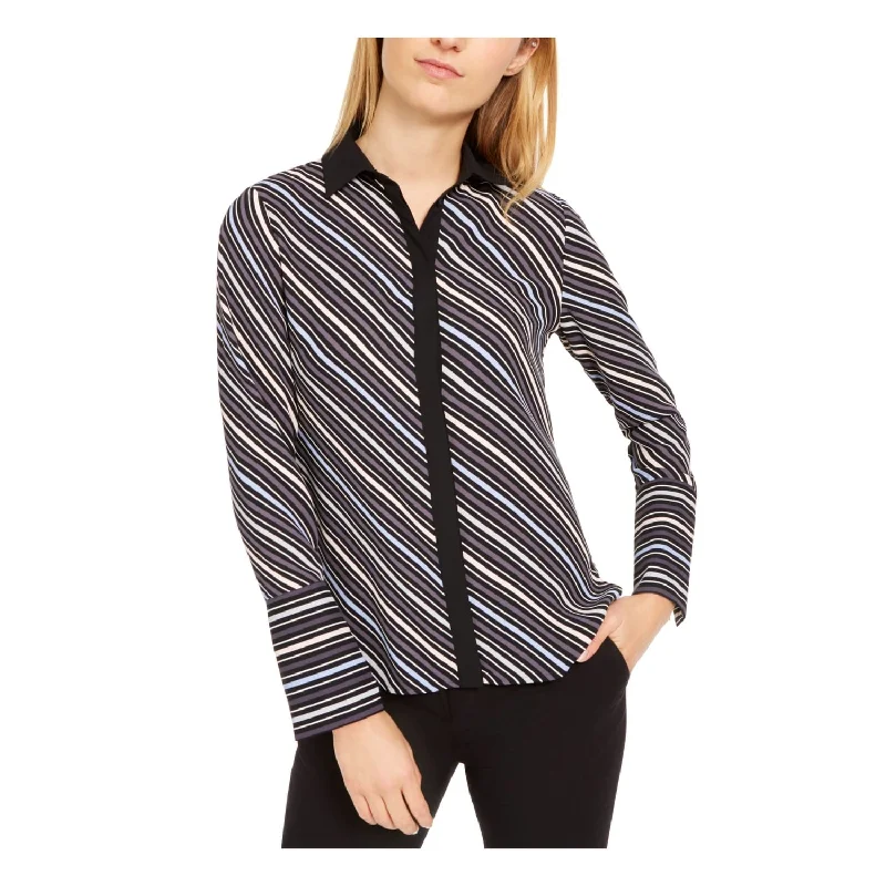 Anne Klein Women's Gray Striped Long Sleeve Collared Top Gray Size X-Large