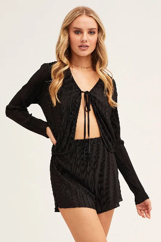 Black Plisse Top Tie Front Long Sleeve