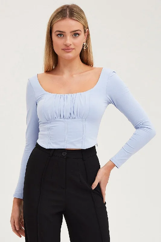 Blue Top Long Sleeve Gathered Bust